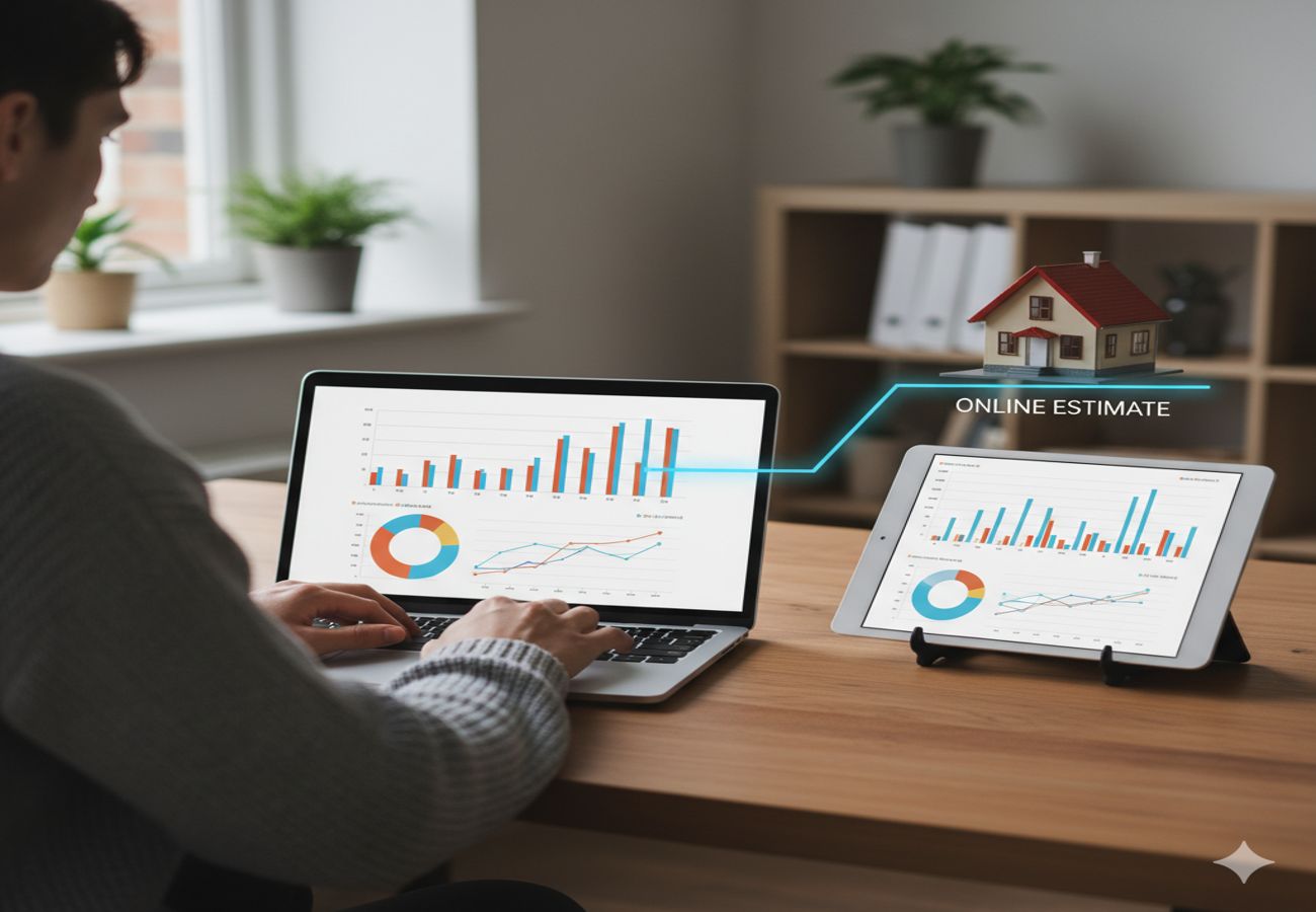 A homeowner reviewing property valuation charts on a laptop and tablet at a desk