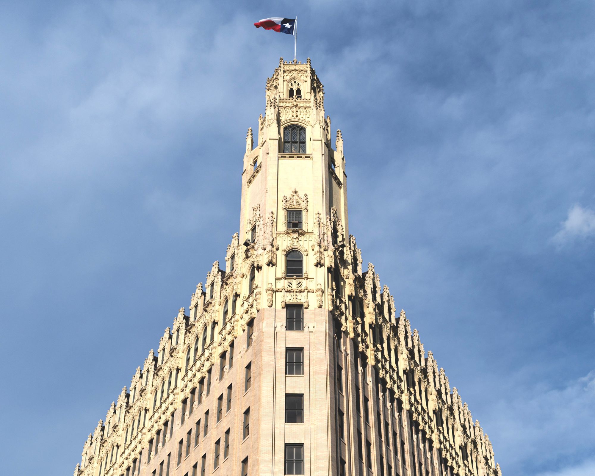 The ornate Gothic Revival tower of the Emily Morgan Hotel in downtown San Antonio