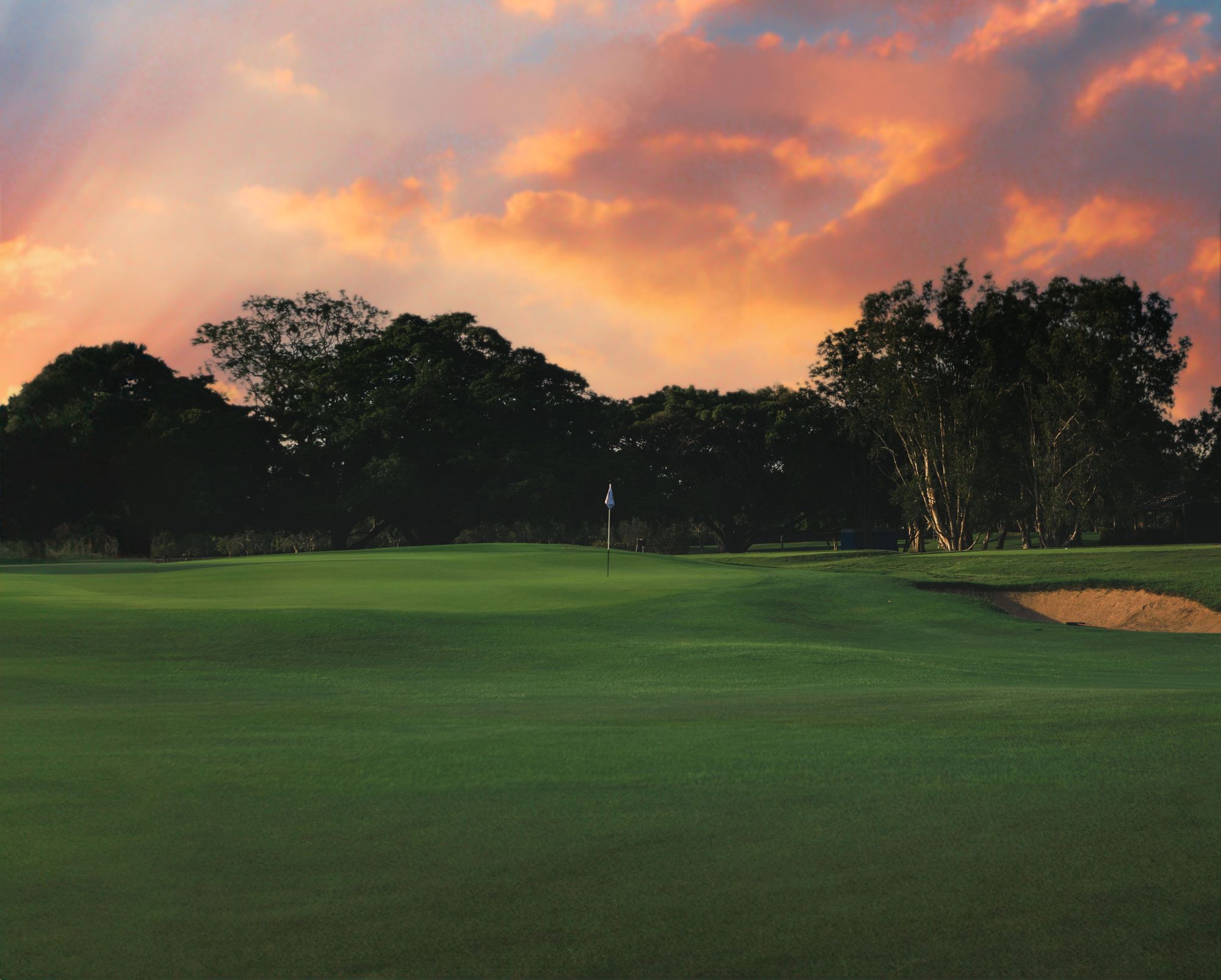 A golf green framed by trees under an orange sunset sky