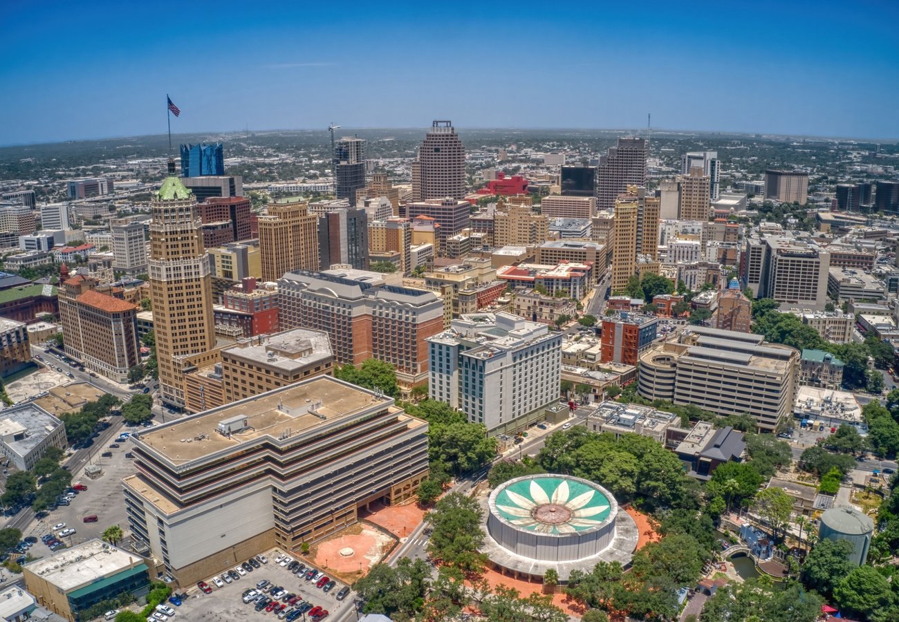 An aerial view of San Antonio on a clear afternoon